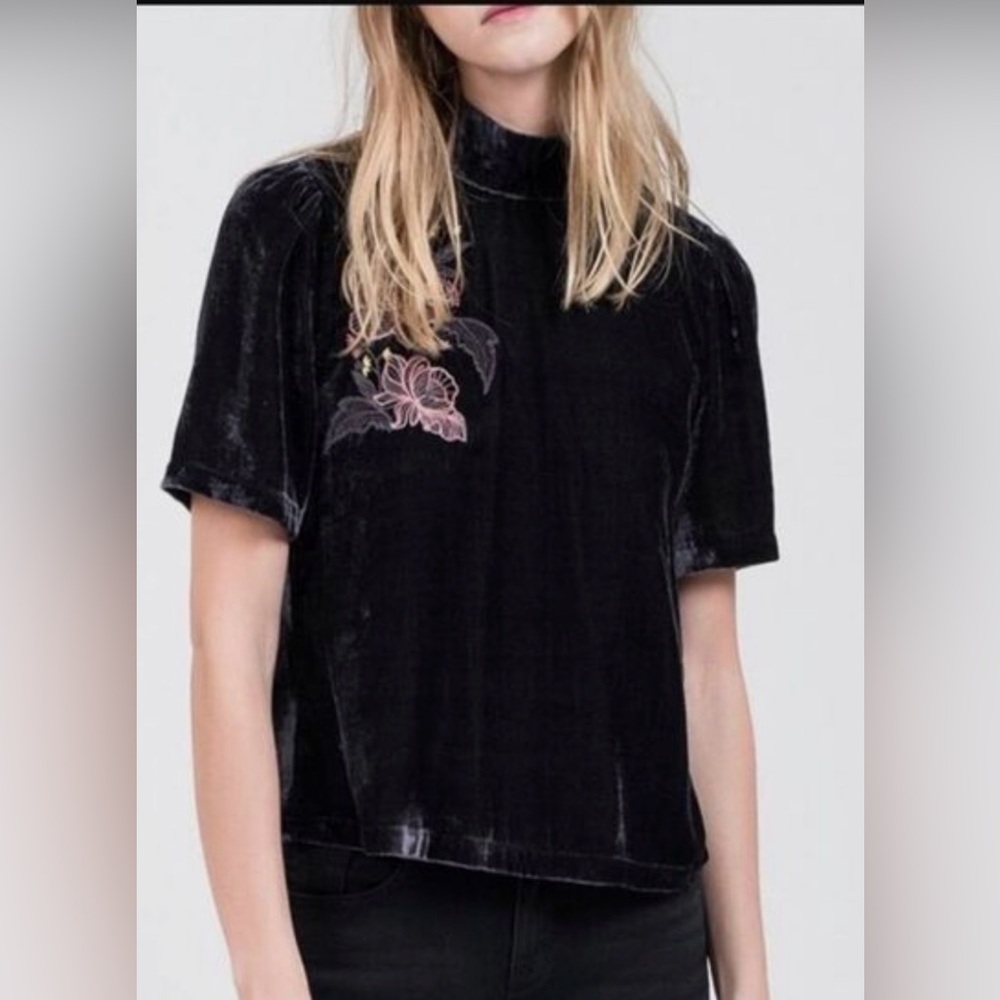J.O.A. Black Velvet Short Sleeve Top with Pink Floral Embroidery
